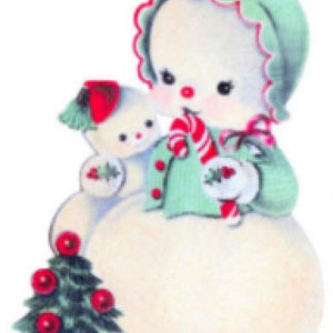 May include: A vintage Christmas card featuring a snowman with a green hat and red scarf holding a smaller snowman. The snowman is wearing a green coat with red buttons and a candy cane.