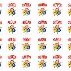 May include: Twenty-four spice jar labels with floral designs and red text. The labels include names like Allspice, Cloves, Paprika, Cinnamon, Pepper, Salt, Nutmeg, Flour, Sugar, Cumin, Cayenne, Curry, Garlic Salt, Onion Salt, Thyme, Basil, Sage, Dill Weed, Rosemary, Tarragon, Lemon Pepper, Chili Powder, Mustard, and Oregano.