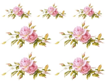 May include: Six clusters of pink roses with green leaves and stems. The roses are arranged in a symmetrical pattern on a white background.