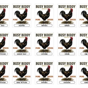May include: A collection of spice labels from the "Busy Biddy Brand". Each label features a black rooster illustration and the name of the spice. Spices include celery seed, allspice, nutmeg, ginger, cloves, garlic powder, garlic salt, cayenne, cumin, dill weed, onion powder, chili powder, paprika, oregano, and cinnamon.