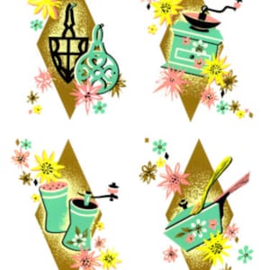 May include: Four vintage kitchen-themed illustrations with a diamond-shaped background. Each illustration features a different kitchen item, such as a coffee grinder, a colander, a salt and pepper shaker set, and a saucepan, surrounded by stylized flowers in shades of pink, yellow, and green.