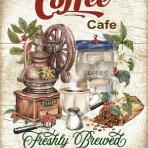 Może przedstawiać: Ilustracja w stylu vintage kawiarni z młynem do kawy, ziarnami kawy i filiżanką kawy. Tekst brzmi "The Coffee Cafe Freshly Brewed Coffee, Teas & Cappuccinos".