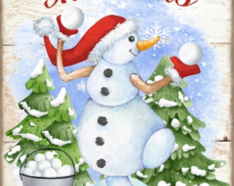 Vintage Grunge Wood Background Invierno, Lanzamiento De Bolas De Nieve, Muñeco De Nieve, Jack Frost, Navidad, Signo De Arte, Decoración e Impresión del Hogar, Descarga Digital