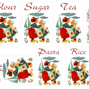 May include: Set of 10 vintage-style kitchen labels featuring illustrations of couples in traditional Dutch clothing. The labels include the words "Flour", "Sugar", "Tea", "Salt", "Pepper", "Coffee", "Pasta", and "Rice".