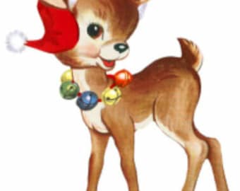 Vintage Image Shabby Retro Christmas Deer In Santa Hat Cap Descarga digital — Printable Ephemera