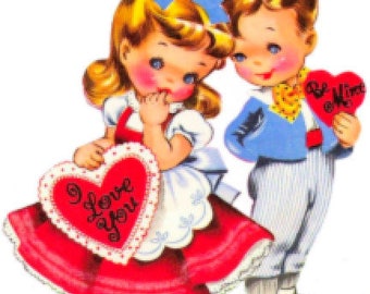 May include: A vintage Valentine's Day card featuring a girl and boy holding heart-shaped cards. The girl is wearing a red and white dress and a blue bow in her hair. The boy is wearing a blue shirt and striped pants. The girl's card says "I love you" and the boy's card says "Be Mine".