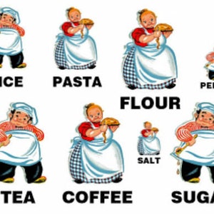 May include: A set of vintage illustrations of people holding various food items, including rice, pasta, flour, pepper, tea, coffee, salt, and sugar. Each illustration features a person wearing a chef's hat and apron.