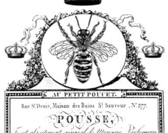 Könnte beinhalten: Eine Schwarzweißillustration einer Biene mit einer Krone darüber. Der Text lautet "Au Petit Poucet, Rue S Denis, Maison des Bains St Sauveur, N° 277. Pousse.  Sunt afsentiment general de mercerie, Parfumerie,  panterie, objets de fantaisie, de Modes &c.  A Paris."