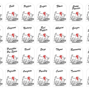 May include: A collection of white spice labels with black text and a whimsical illustration of a dog with a red bow. The labels include various spices such as Cinnamon, Salt, Pepper, and Sugar.