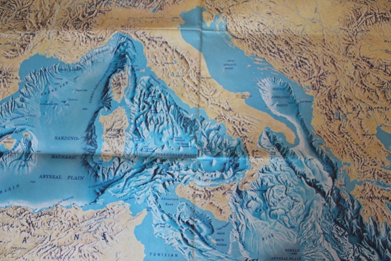 Mediterranean Seafloor Map 1982 Etsy