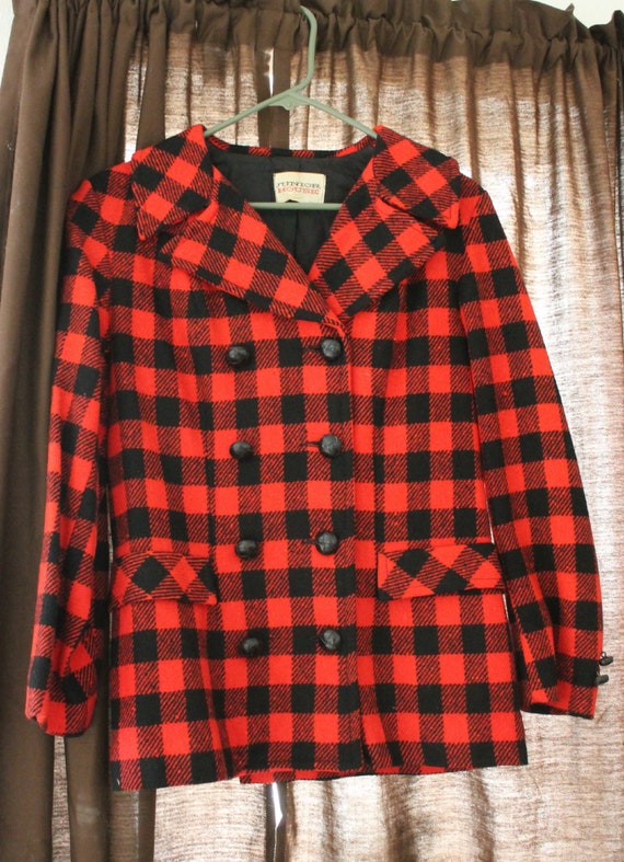 Womens Girls Buffalo Plaid Wool Peacoat 1970s