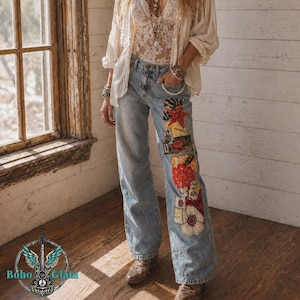 Upcycled Levi Flare Jeans with Orange Patchwork and Pearl Trim - Boho Chic Statement Denim - One-of-a-Kind Recycled Levi’s - Size 12