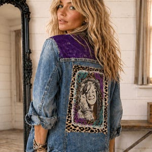 Janis Joplin Inspired Upcycled Denim Jacket, One of a Kind Boho Festival Jacket, Vintage Patchwork Jean Jacket,  Size M