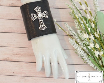 Leather | Women's Wallet | Wrist | Cuff | Wallet | Wrist Wallet | Black | Rhinestone Cross