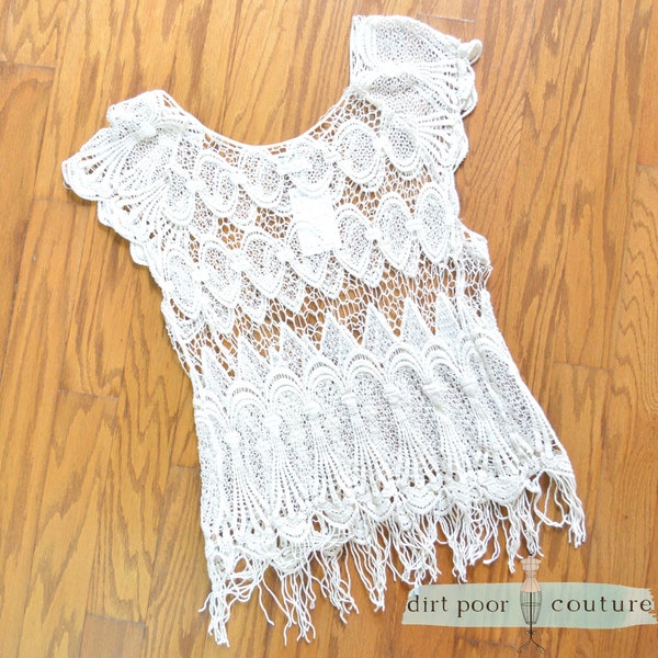 Sleeveless Ivory Crocheted Lace Top with Fringe
