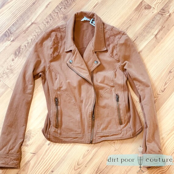 Brown, Cotton, Moto, Jacket Zip Front with Pockets Wo… Gem