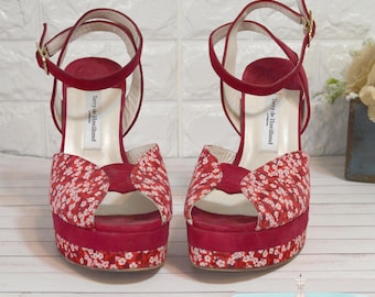 Terry de Havilland Vintage Platform Heels: Cranberry Velvet Floral Peep Toe, US 9.5