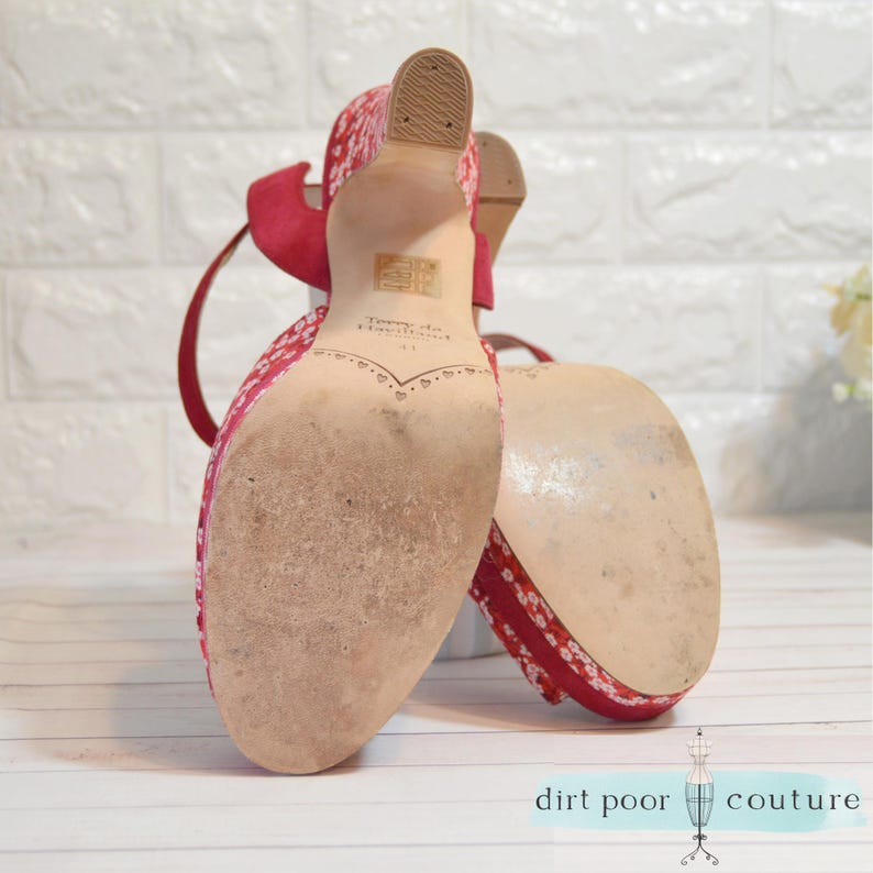 designer glam heels
terry de havilland
70s style platforms
vintage red heels
chunky heel vintage
rare velvet heels
retro peep toe shoe
red ankle strap heel
designer shoe
velvet platforms
peep toe shoes
floral heels
collector fashion