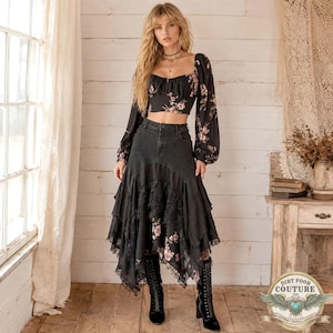 Black Lace Upcycled Denim Skirt, Boho Rock Patchwork, Whimsigoth Western Wearable Art