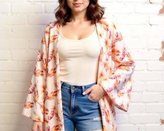 Pink Feather Print Kimono