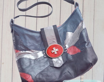 Blue with Red, Patchwork, Boho, Rock N Roll, Cross Body, Purse, One of a Kind Bag