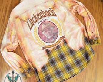 Upcycled Bleached Plaid Flannel Shirt – Luckenbach Beer Graphic, Men's XL