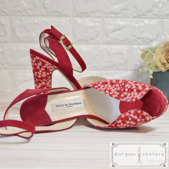 RARE, Vintage, Peep Toe, Red Velvet, Chunk Heel, … - image 3