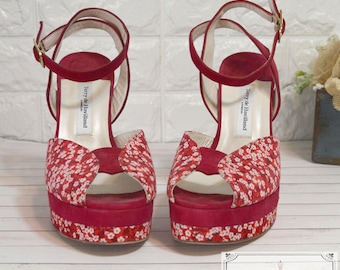 RARE, Vintage, Peep Toe, Red Velvet, Chunk Heel, Platform Shoes, Terry de Havilland, Red Daisy Mitsi, US 9.5 EUR 41