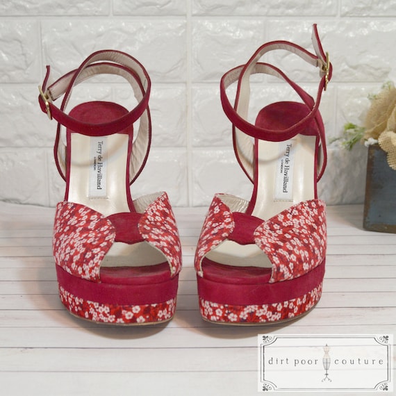 RARE, Vintage, Peep Toe, Red Velvet, Chunk Heel, … - image 1