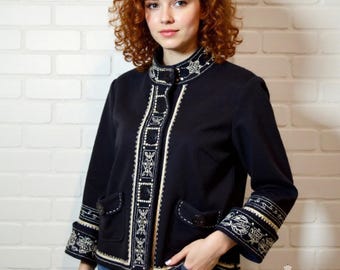 Vintage geborduurd zwart jack, boho-folkversiering, maat Small