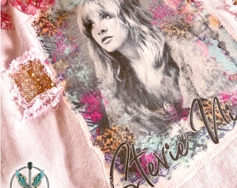 Stevie Nicks Inspired Pink Denim Jacket XL | Upcycled Boho Glam Belle Sleeve Jacket