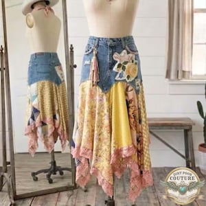 Jupe patchwork Scrappy personnalisée | Maxi-jupe bohème haute taille basse unique en son genre | Fabriqué sur commande