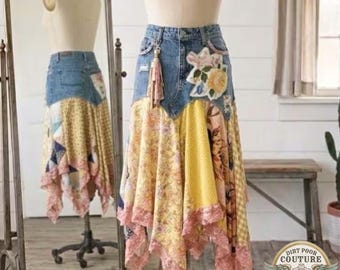 Custom Scrappy Patchwork Skirt | One-of-a-kind Boho Hi Low Maxi