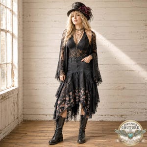 Black Boho Skirt One of a Kind , Upcycled Denim & Lace Patchwork Skirt, Romantic Western Style, Handmade Couture, The Stevie