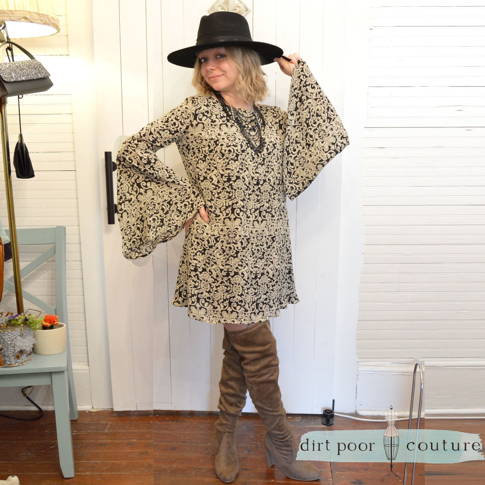 Boho Floral A Line Dress Medium Bell Sleeve Brocade Print Keyhole Back Festival Style Vintage Inspired Flowy Fit Romantic Western Dress
