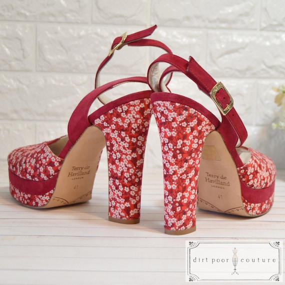 RARE, Vintage, Peep Toe, Red Velvet, Chunk Heel, … - image 2