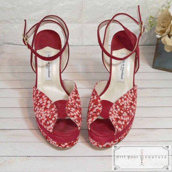 RARE, Vintage, Peep Toe, Red Velvet, Chunk Heel, … - image 4