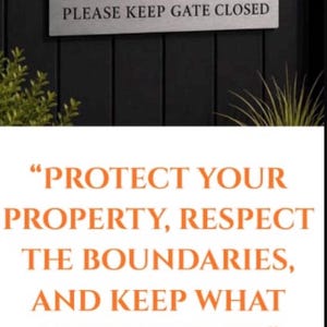 Pu&ograve; includere: Una targa rettangolare in metallo con finitura spazzolata che riporta il testo nero DOGS ON PREMISES PLEASE KEEP GATE CLOSED. La targa &egrave; fissata con viti scure su un cancello a doghe verticali nere. Altri cartelli includono 24 HOUR SURVEILLANCE.