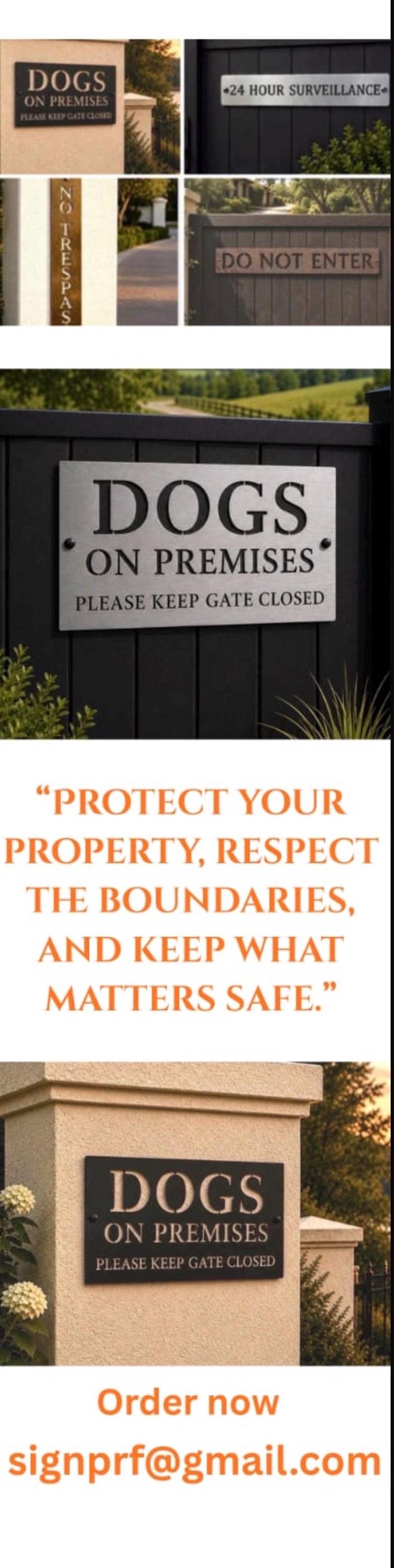 Pu&ograve; includere: Una targa rettangolare in metallo con finitura spazzolata che riporta il testo nero DOGS ON PREMISES PLEASE KEEP GATE CLOSED. La targa &egrave; fissata con viti scure su un cancello a doghe verticali nere. Altri cartelli includono 24 HOUR SURVEILLANCE.