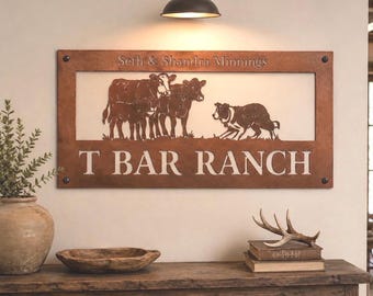 Ranch Entrance Sign Cattle Drive Driveway Topper Metal Wall Art Custom Farm Property Marker Western Livestock Gate Collie Herding Sheep