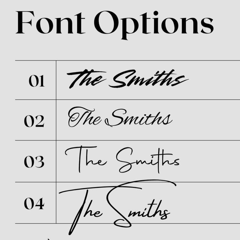 Puede incluir: Una tabla titulada Font Options que muestra cuatro estilos de tipograf&iacute;a manuscrita en negro sobre un fondo gris claro. Cada estilo est&aacute; numerado del 01 al 04 y presenta el texto The Smiths, mostrando variaciones en el grosor y trazos.