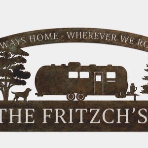 Letrero metálico para caravana personalizado con nombre familiar, regalo personalizado para caravana, papá, Navidad, esposo, entusiasta del camping, viajes, aventura, remolque, perro, Airstream Bronze Sign