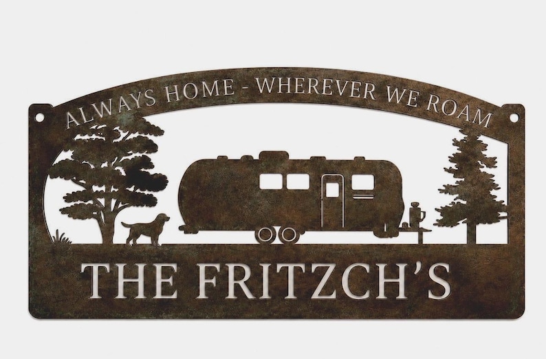 Letrero metálico para caravana personalizado con nombre familiar, regalo personalizado para caravana, papá, Navidad, esposo, entusiasta del camping, viajes, aventura, remolque, perro, Airstream Bronze Sign