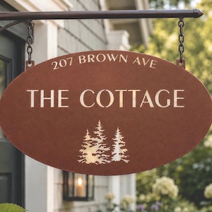 Personalized Sign Evergreen Tree Custom Door Plaque Oval Metal Address Sign Outdoor Family Name Marker Entrance Rustic Home Wall Gift Realto Copper