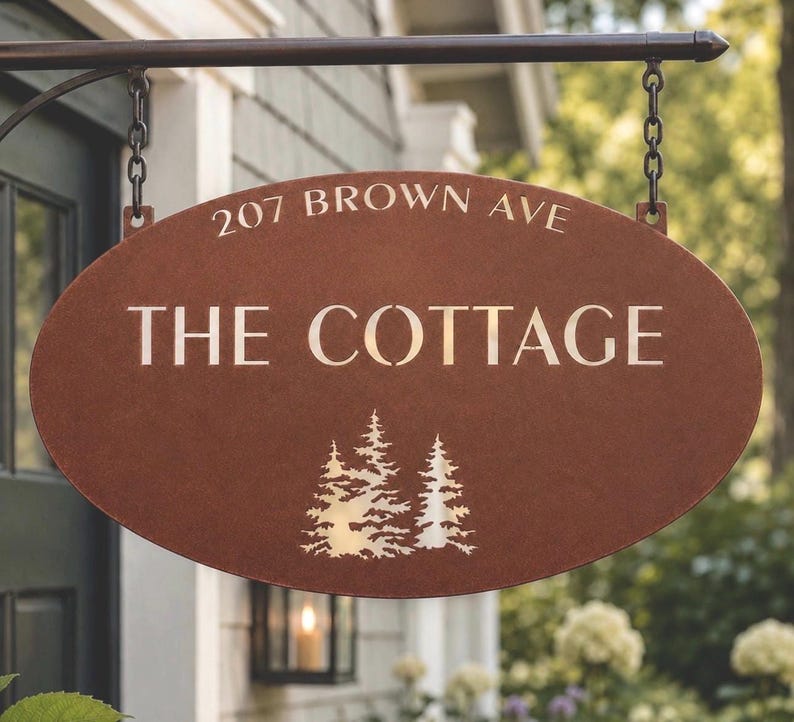 Personalized Sign Evergreen Tree Custom Door Plaque Oval Metal Address Sign Outdoor Family Name Marker Entrance Rustic Home Wall Gift Realto Copper