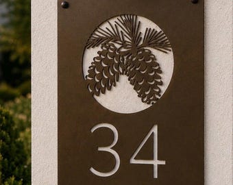 Custom Metal Sign House Number Street Display Business Entrance Name Plaque Address Outdoor Marker Dad Christmas Gift Bronze Pinecone Design