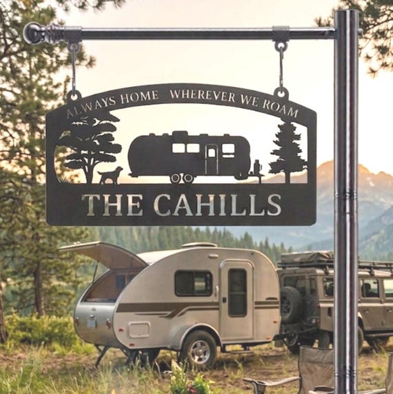 Metal Camper Sign Personalized Family Name Custom Rv Gift Dad Christmas Husband Camping Enthusiast Travel Adventure Trailer Dog Airstream