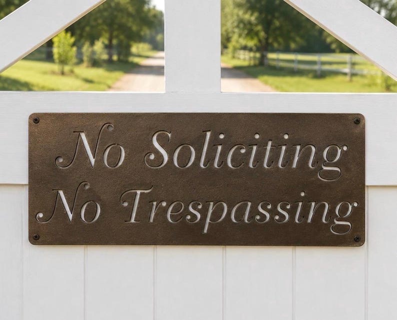 No Soliciting Sign Metal Warning No Trespassing Private Property Front Entrance Outdoor Home Security Door Plaque 14 gauge Steel Bronze