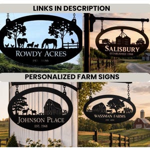 May include: Four oval black metal signs featuring laser-cut silhouettes of farm scenes, including horses, barns, tractors, and livestock. Each sign displays custom text such as Rowdy Acres, Salisbury, Johnson Place, and Wassman Farms with established dates.