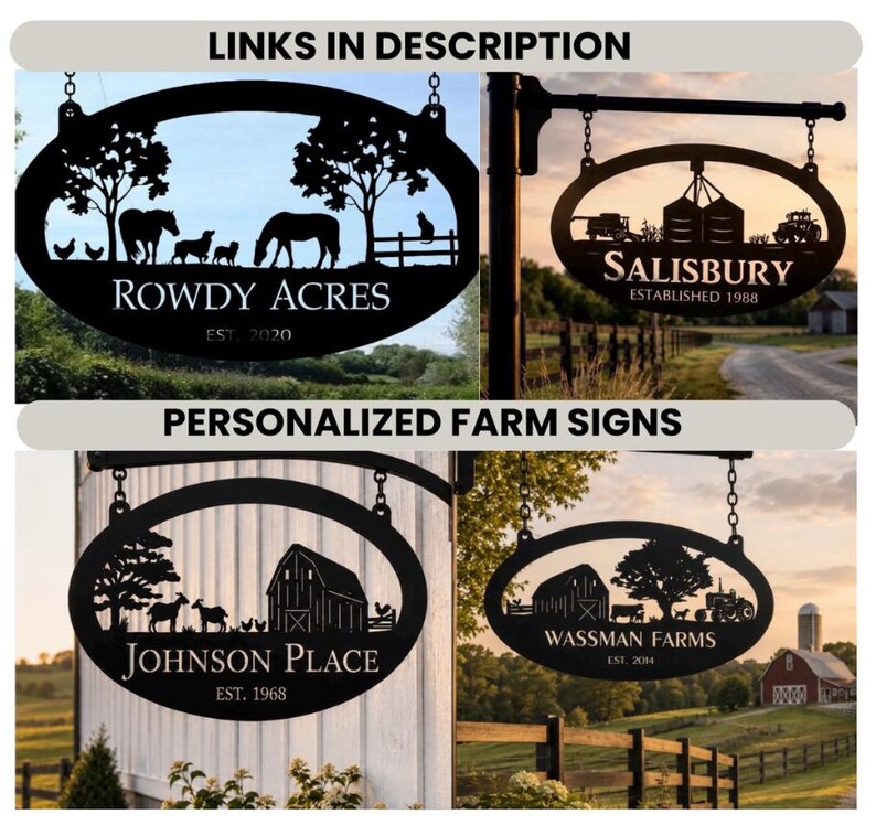 May include: Four oval black metal signs featuring laser-cut silhouettes of farm scenes, including horses, barns, tractors, and livestock. Each sign displays custom text such as Rowdy Acres, Salisbury, Johnson Place, and Wassman Farms with established dates.